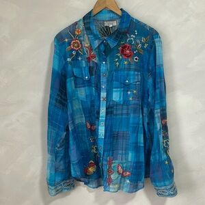 Embroidered Blue Plaid Women's Top